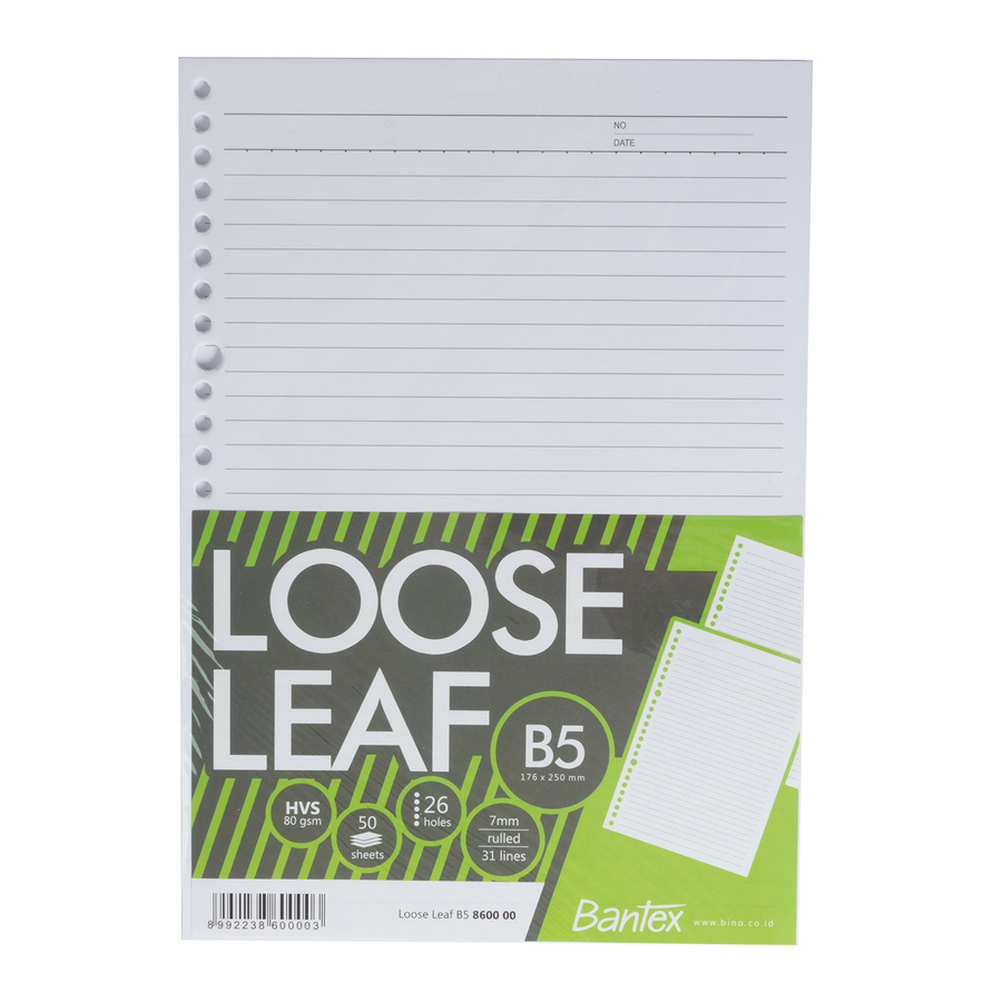 Loose Leaf Paper untuk Multi Ring Binder B5 / HVS 80 gsm / 50 lembar / 26 lubang / 31 baris - utama